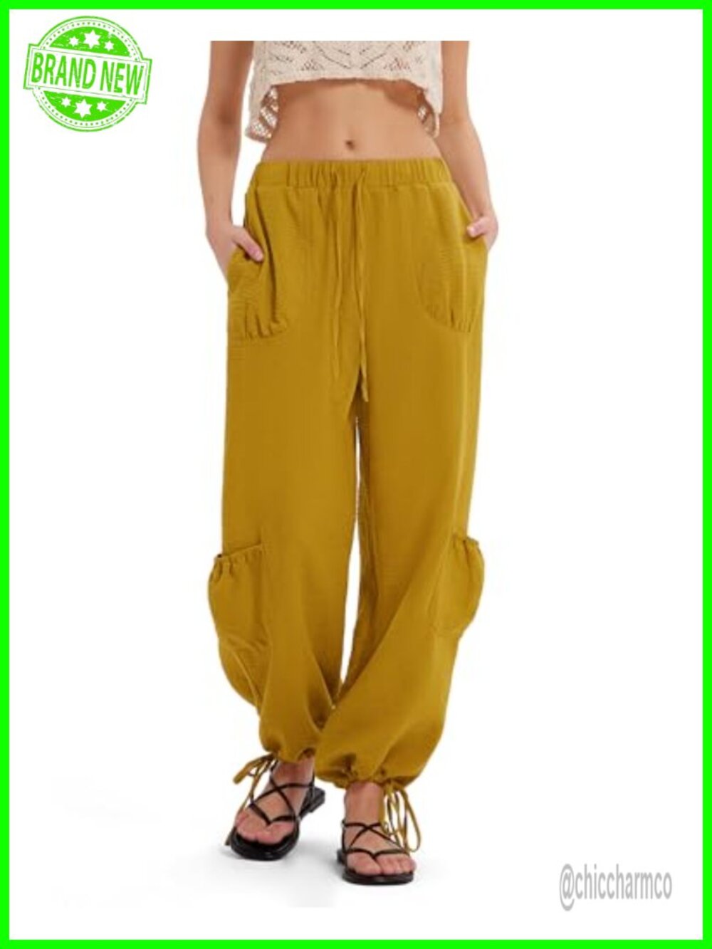 Linen Blend Balloon Pants Drawstring Cargo Pockets Summer Travel Lounge